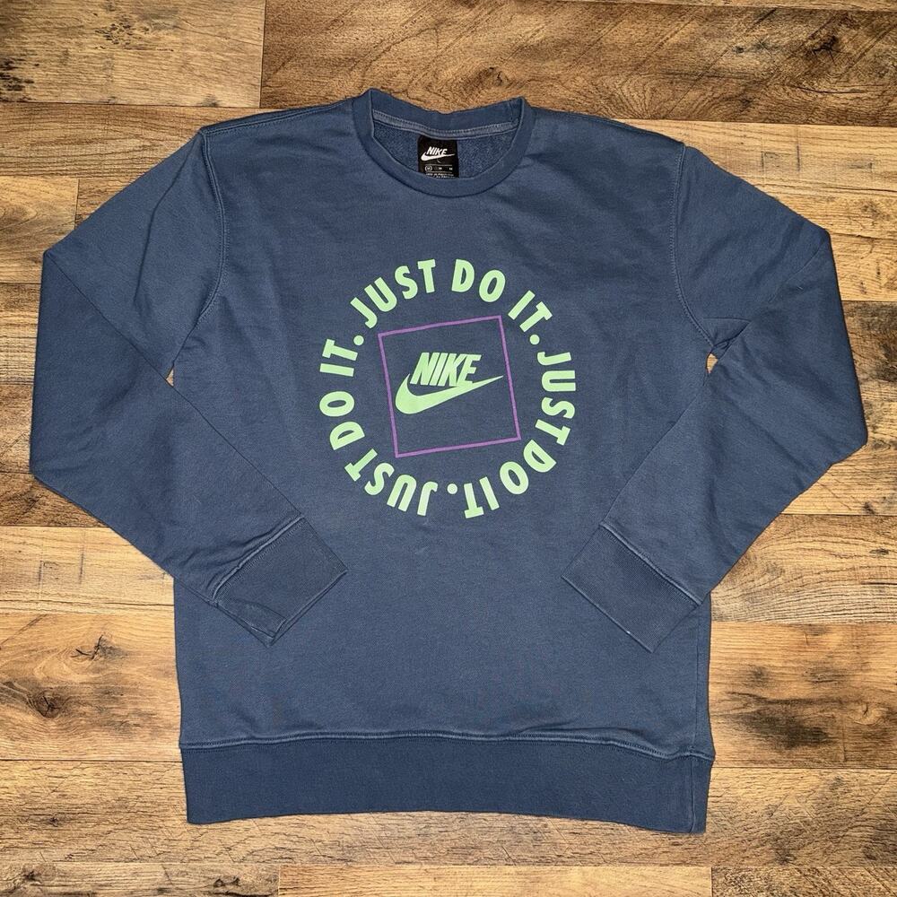 Nike Just Do It Crewneck Sweatshirt Men’s M Blue Neon Logo Pullover